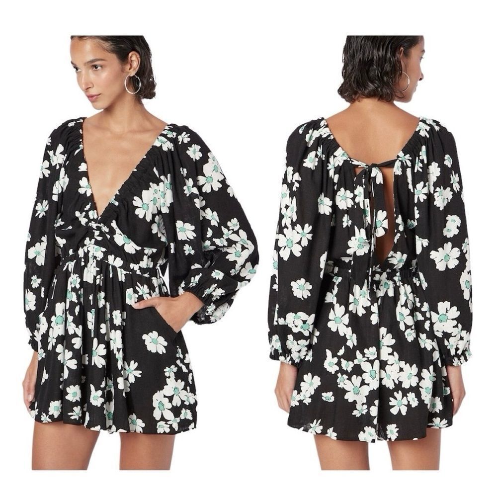NEW Topshop Floral Tie Back V-Neck Long Sleeve Romper Black Multi Size 0-2